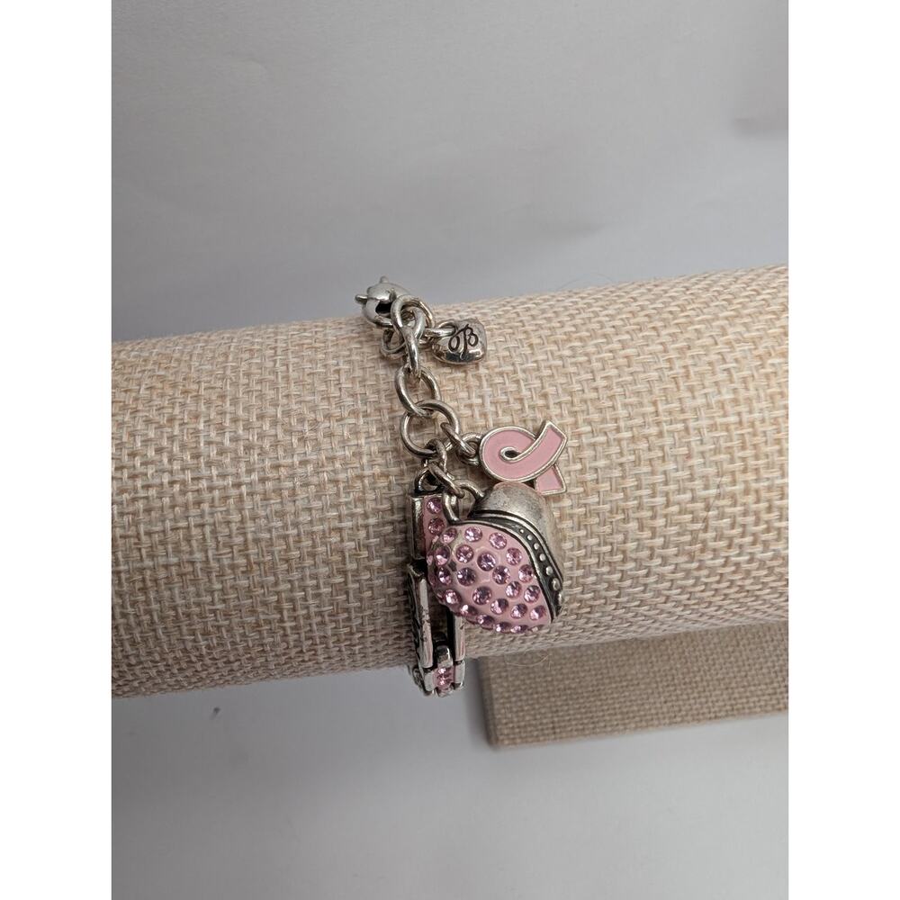 Brighton Charm Bracelet 7.5-8.5" Adjustable Pink Rhinestone Heart Ribbon